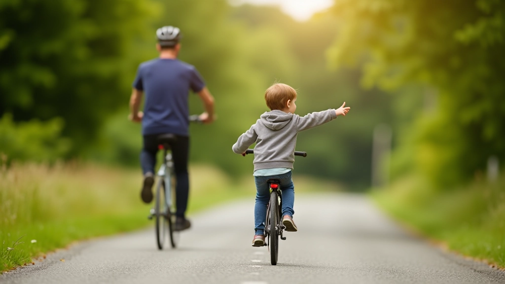 Adult and child cycling together on a safe path, child's arm extended showing left turn signal while adult watches encouragingly from behind