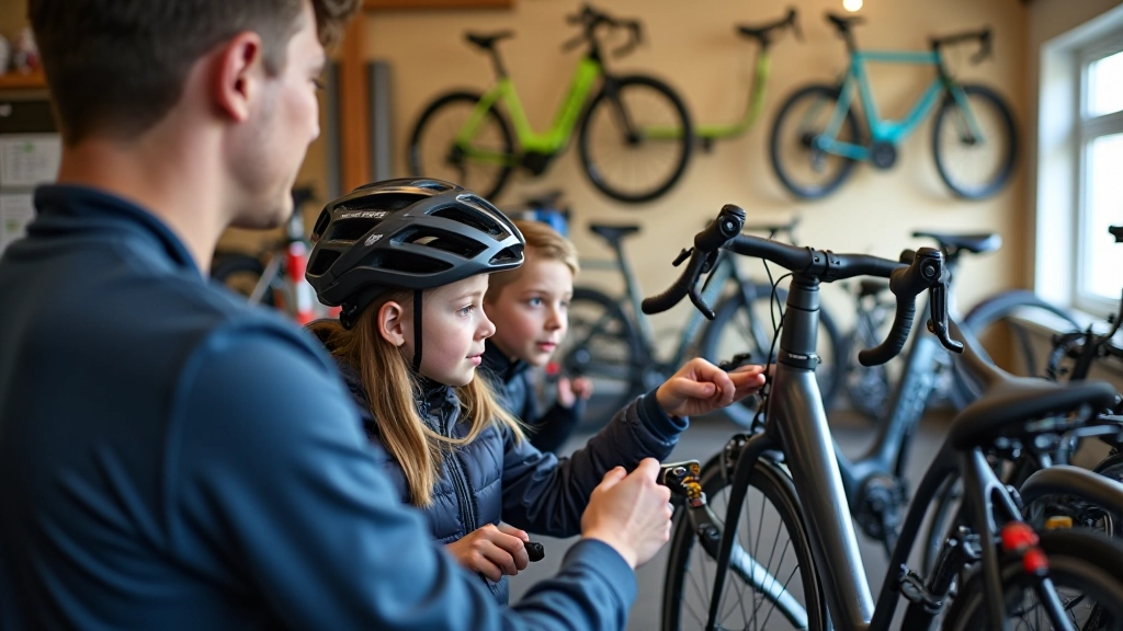 Adult and child selecting bikes at a rental shop, examining different frame sizes and wheel options