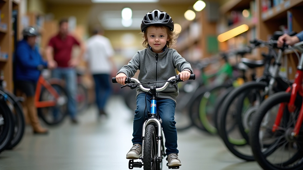 Child sitting on small bicycle in bike shop, feet touching ground, proper frame fit demonstrated