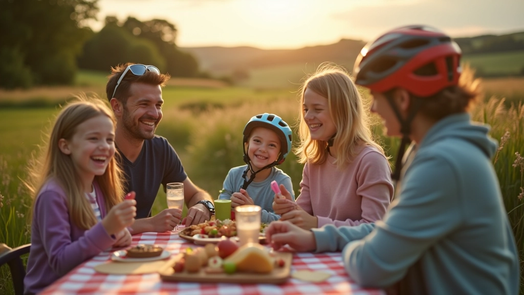 Children and adults laughing together at a picnic spot during a cycling break, sitting on blanket with food and landscape in background