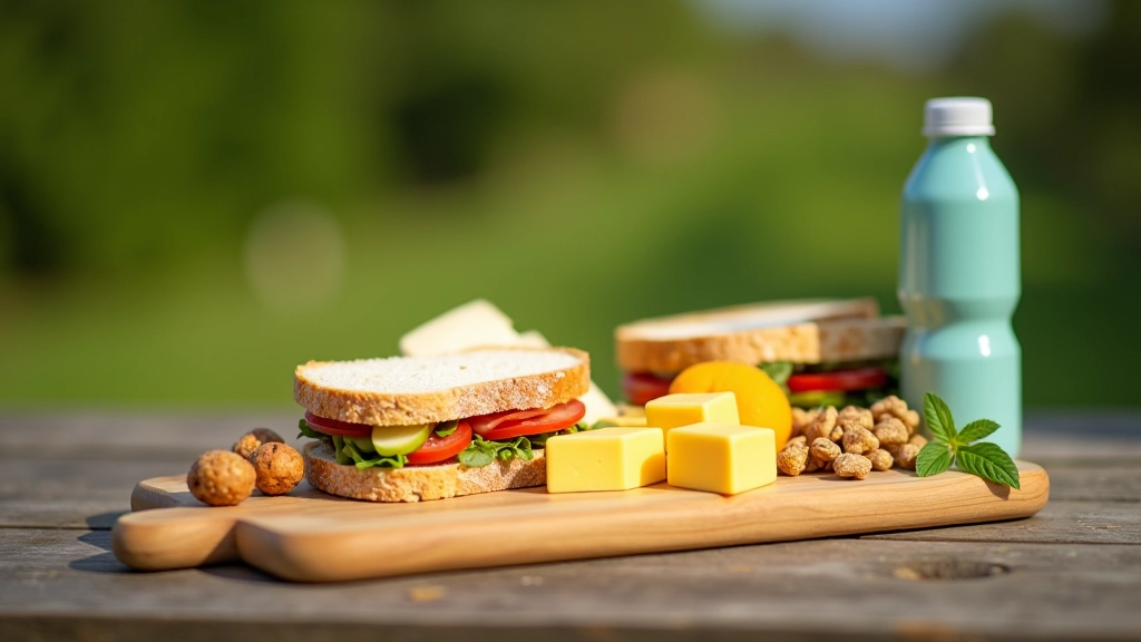 Assorted cycling-friendly foods arranged on a wooden board including sandwiches, cheese, nuts, fruit, and water bottles, natural outdoor lighting
