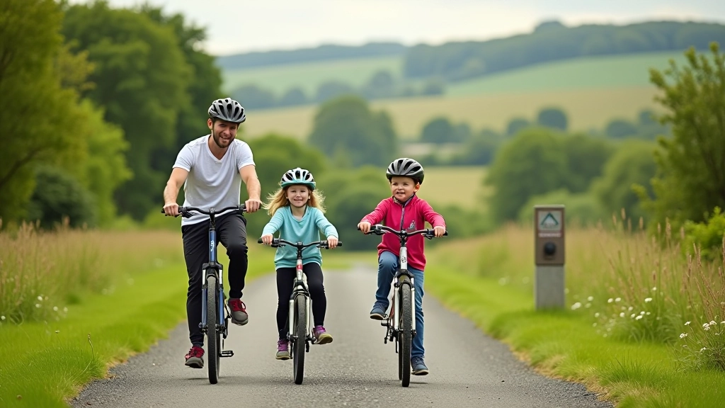 Family stopping at a scenic viewpoint along the greenway with picnic basket and bicycles