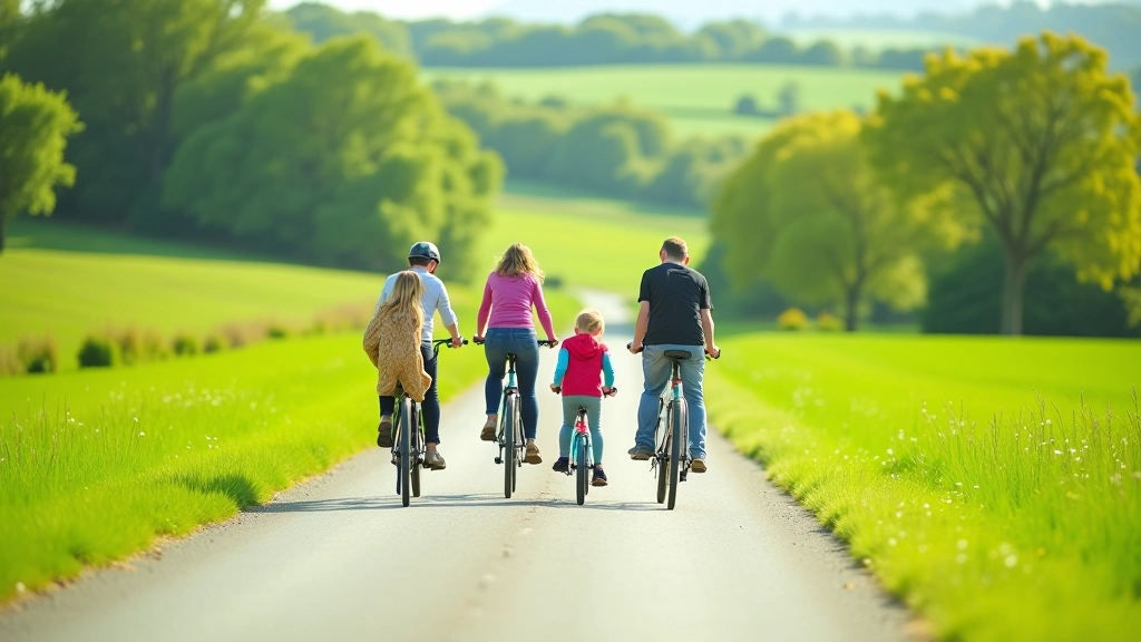 Family of four cycling together on wide flat greenway trail with scenic backdrop