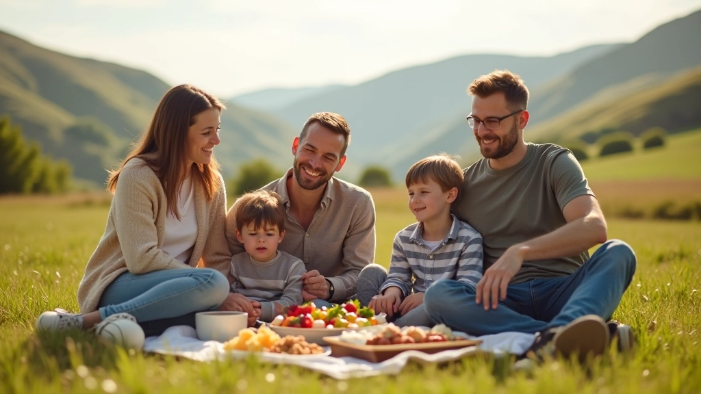 Family of four seated on a picnic blanket at a scenic overlook point with mountains and green fields visible in the background