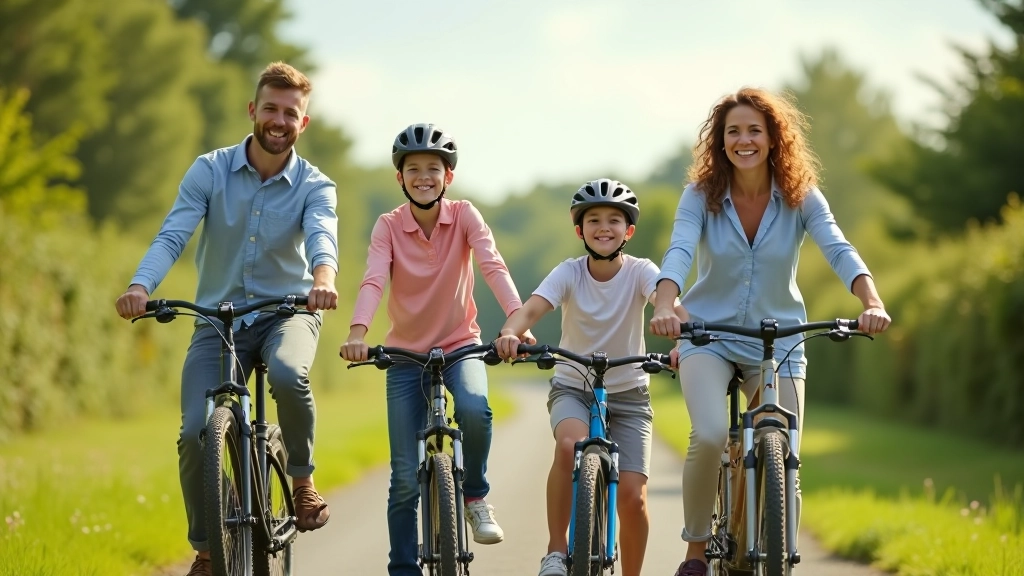 Family of four with different sized bikes lined up, showing variety of frame and wheel sizes for different ages