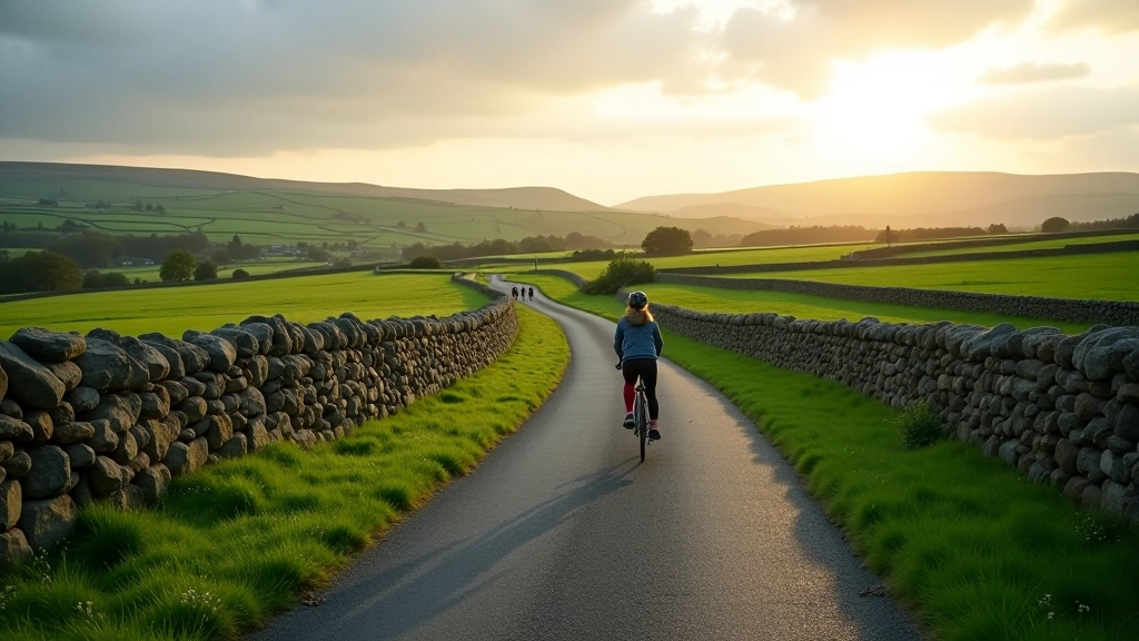 Scenic stretch of Waterford Greenway with open countryside, stone walls, and cyclists riding on the paved path