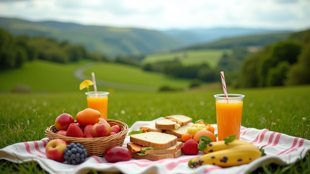 Picnic setup with sandwiches and drinks on blanket by scenic waterside location