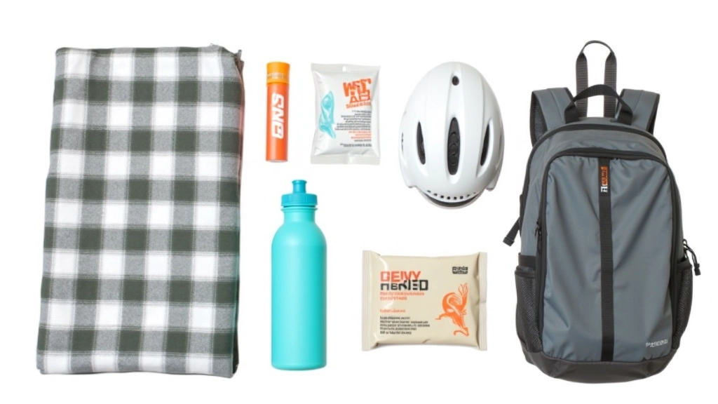 Packed picnic supplies laid out including blanket, water bottle, sunscreen, wet wipes, small first aid kit, and other essentials on a clean surface