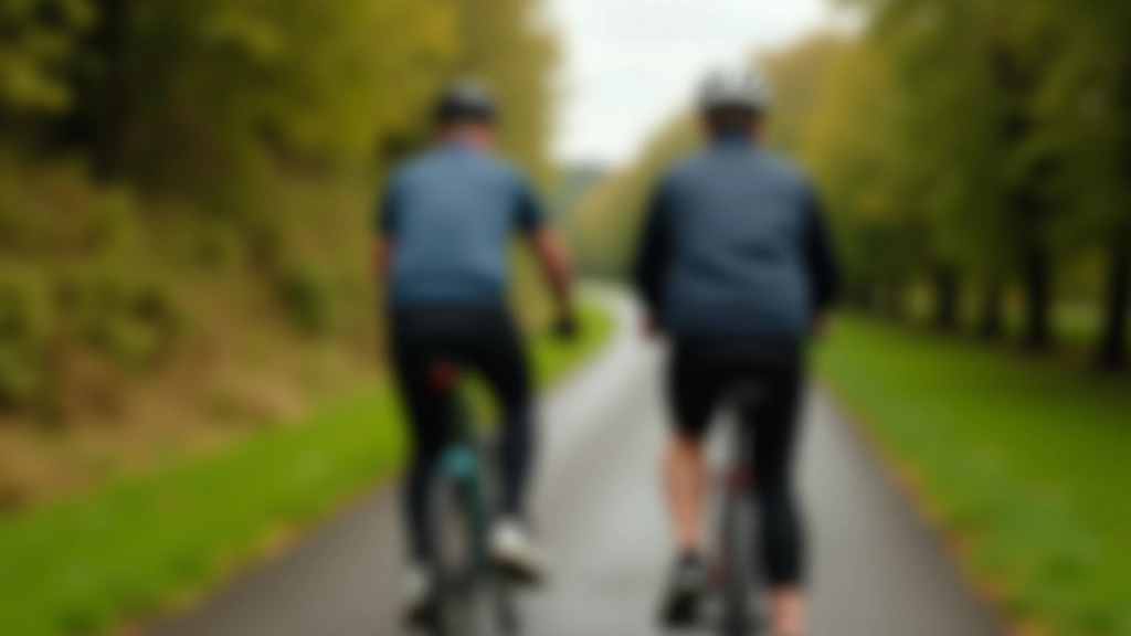Two cyclists riding closely together on a greenway path, one cyclist calling out verbally while the other looks back