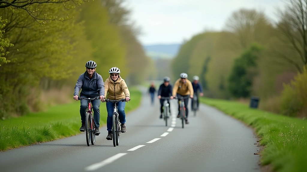 Wide view of a busy greenway with multiple cyclists and walkers sharing the path respectfully, maintaining clear spacing and lanes