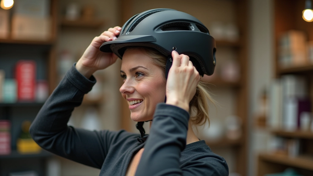 Close-up of cycling helmet being properly fitted on person's head, showing correct positioning and strap adjustment
