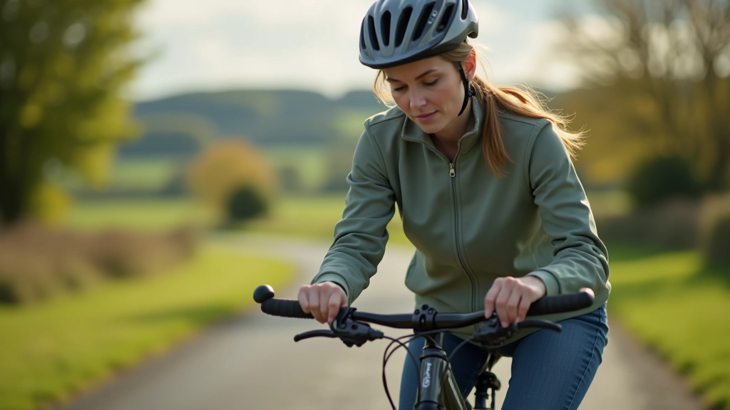 Person performing bike maintenance check, examining brakes and wheel alignment on bicycle