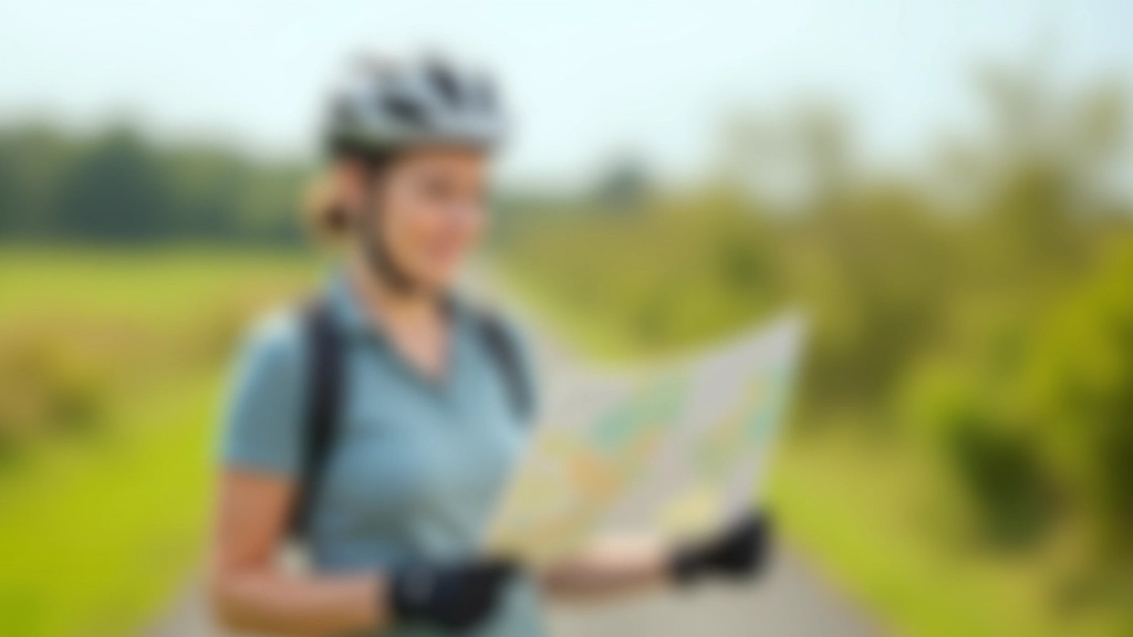Cyclist standing with bike, consulting a printed cycling route map at a scenic overlook with countryside visible in the distance, bright daylight