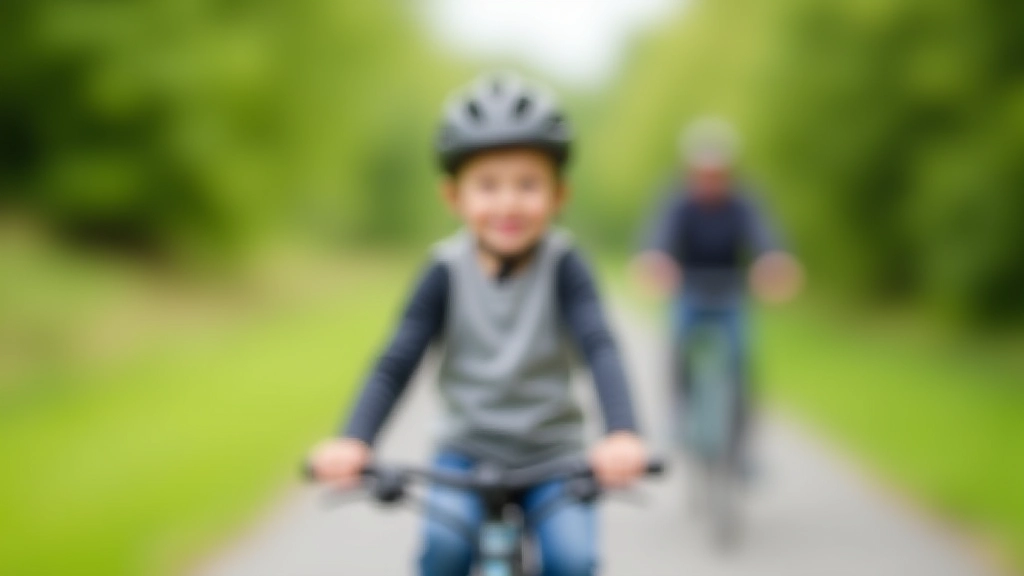 Child cycling confidently on the flat greenway path with adult cyclist nearby